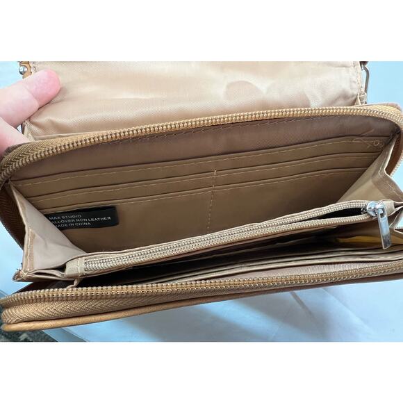 Max Studio Vegan Brown Crossover Handbag Clutch Wallet with Gold Beaded Edge - Picture 7 of 11